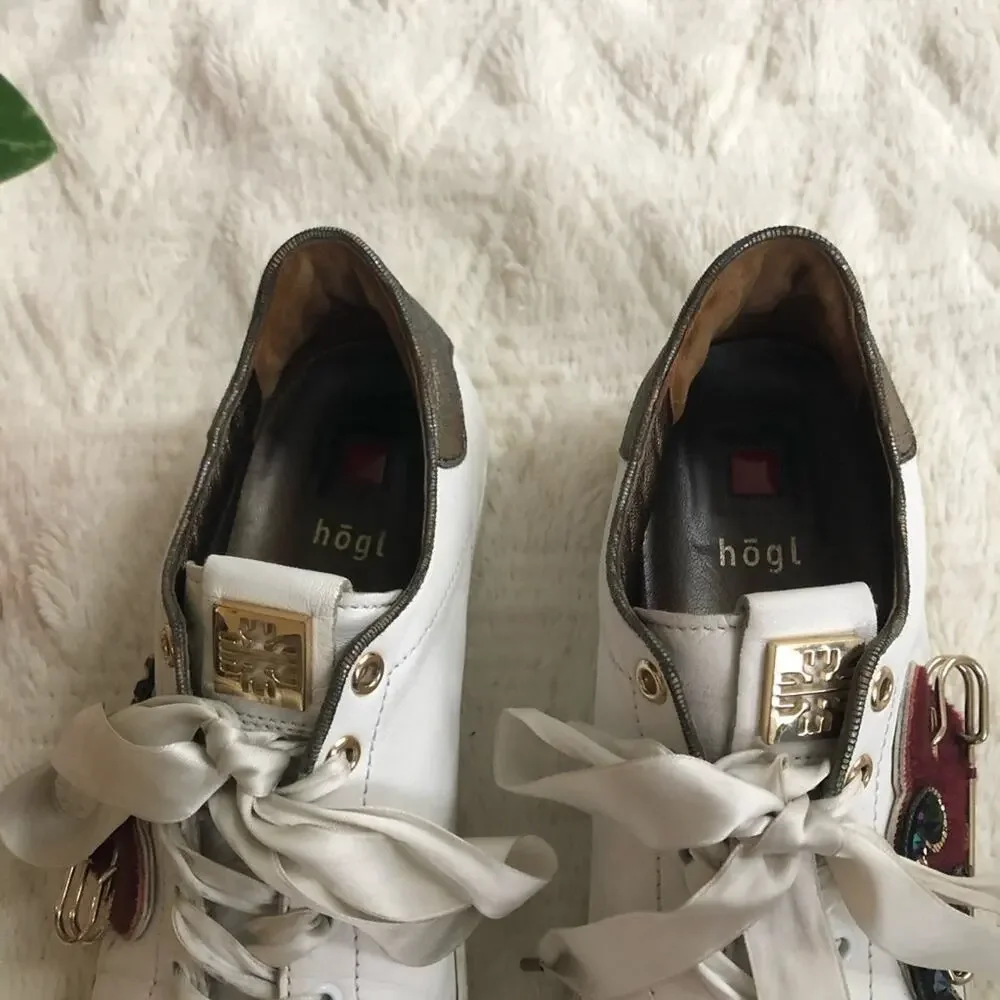 Hogl White Leather Applique Embellished Sneakers